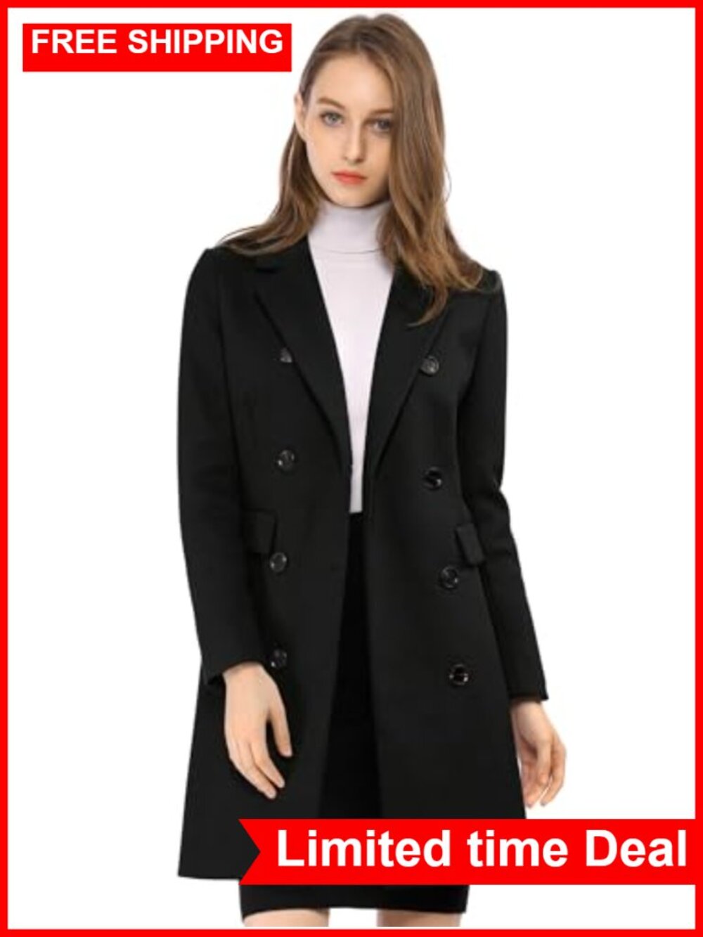 Women's Double Breasted Trench Peacoat Notched Lapel Longline Winter Coat